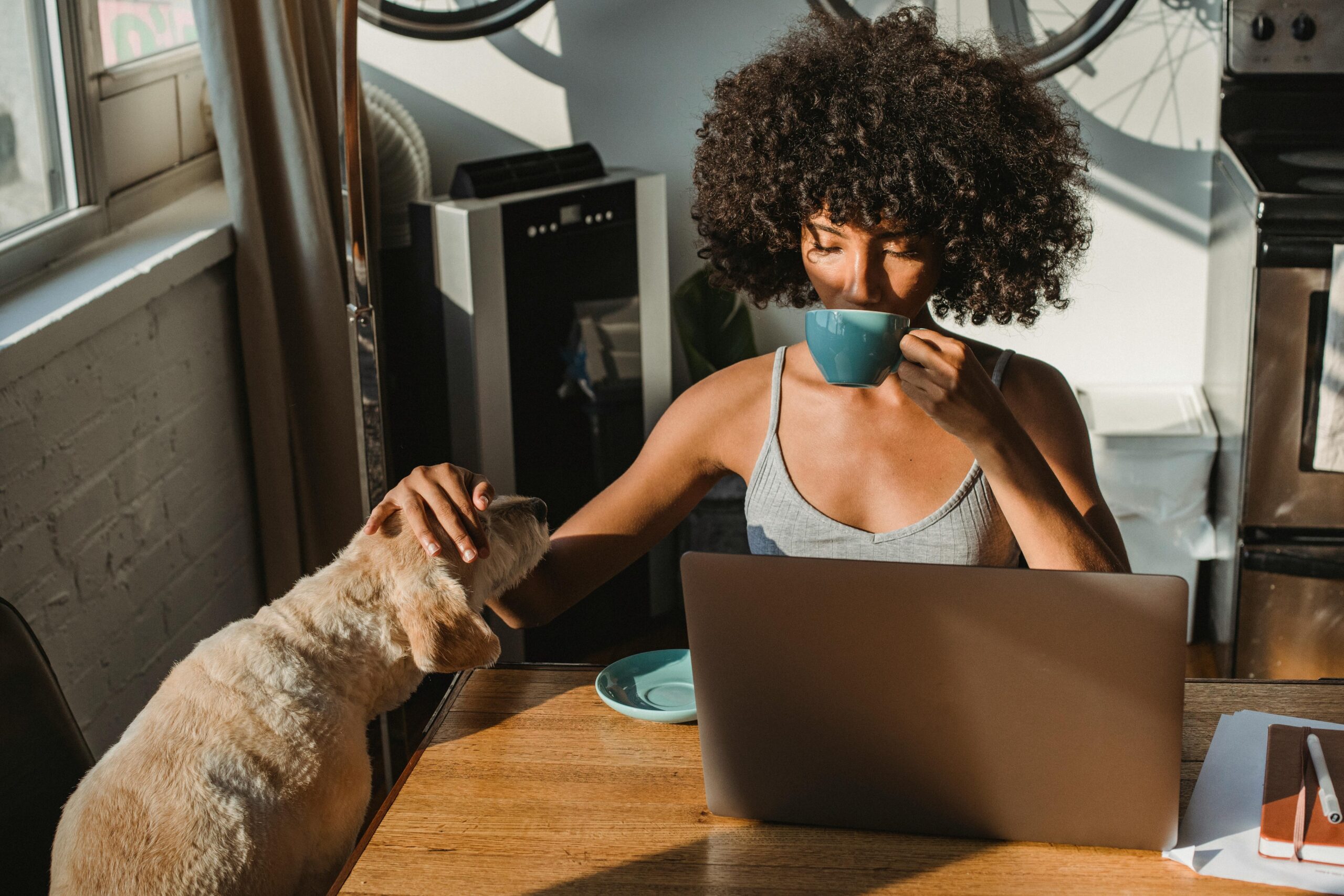 A female freelancer using laptop and drinking coffee