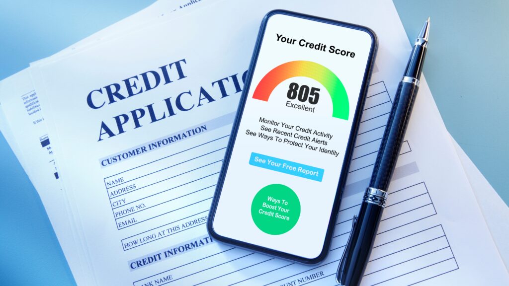 A photo showing a credit score on the phone and an application form